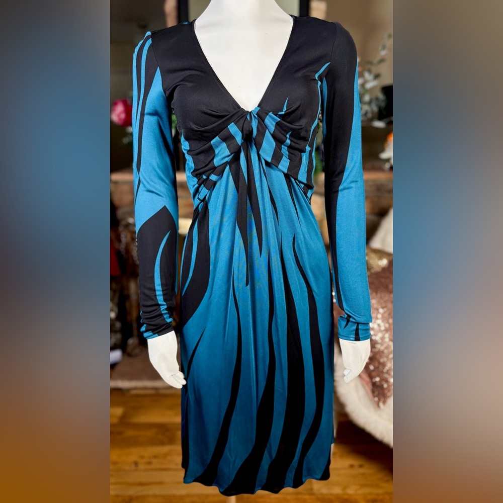 Issa London Blue & Black Print Long Sleeve Gathered V-neck Rayon Dress, Szs 4-12